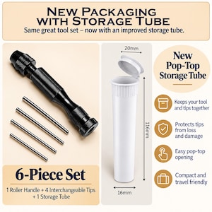 May include: A 6-piece tool set featuring a black knurled roller handle, four interchangeable metal tips, and a white pop-top storage tube. The tube measures 116mm in height, 20mm in width at the top, and 16mm in width at the base.