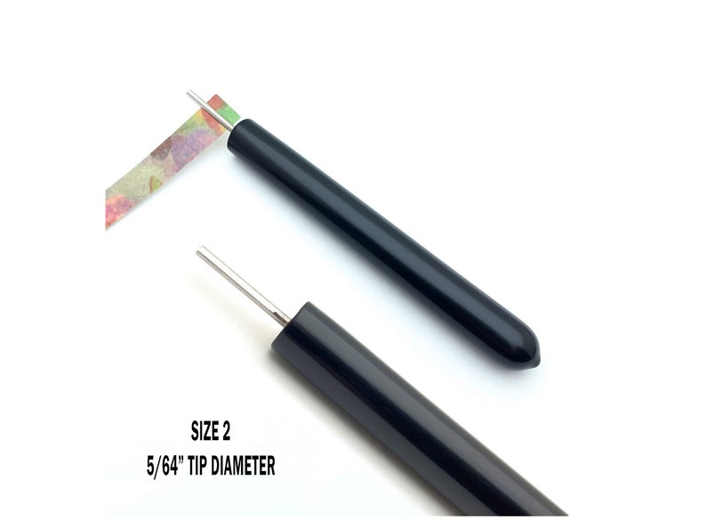 Paper Bead Roller Quilling Tool with 5/64 inch diameter Slotted Tip and black vinyl covered handle. Paper roller has strip of paper in tip.