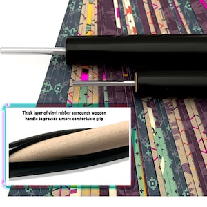 May include: Close-up of a wooden dowel with a thick layer of black vinyl rubber surrounding it. The text "Thick layer of vinyl rubber surrounds wooden handle to provide a more comfortable grip" is visible in the image.