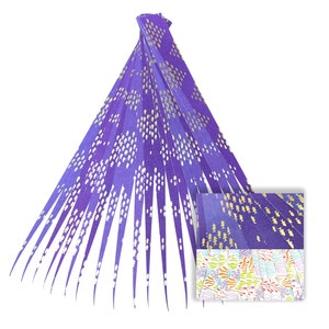 May include: A bundle of purple and white paper streamers with a gold fish pattern. The streamers are arranged in a fan shape. A close-up of the pattern shows a variety of colorful fish.