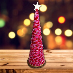 Handmade Upcycled Fabric Christmas Tree, Tabletop Wooden Base, Rustic Décor