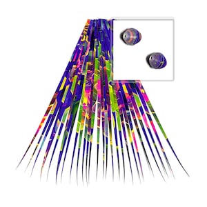 May include: A set of two purple and blue earrings with a swirling pattern. The earrings are made of paper and are attached to a white background.