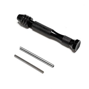 May include: A black metal hand drill with a chuck for holding small drill bits. The drill comes with two metal drill bits.