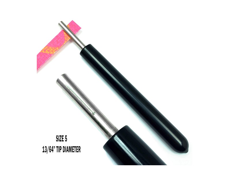 Paper Bead Roller Quilling Tool with 13/64 inch diameter Slotted Tip and black vinyl covered handle. Paper roller has strip of paper in tip.