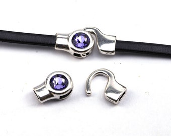 Schiebeperle mit Rivoli smoky mauve 8mm antik silber für flaches Leder ID 10x2