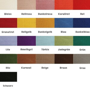 May include: A colour chart with 16 different fabric swatches. The swatches are arranged in 5 rows of 3 swatches each, with one swatch at the bottom. The swatches are labelled with the following colours: white, light pink, dark pink, coral red, red, maroon, light yellow, dark yellow, blue, dark blue, light purple, turquoise, green, dark green, olive, brown, beige, grey, and black.