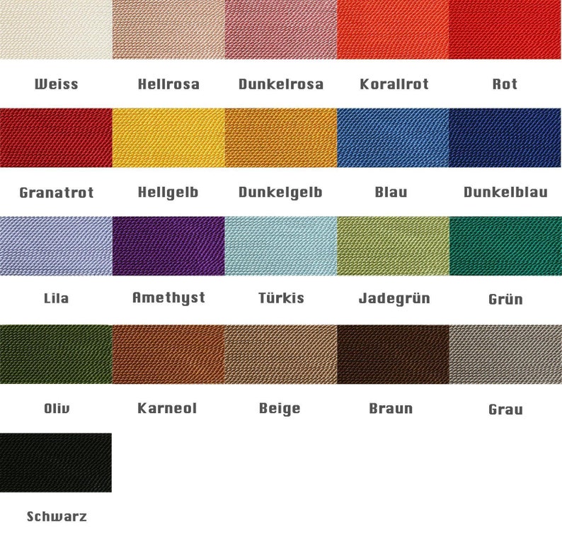 May include: A colour chart with 16 different fabric swatches. The swatches are arranged in 5 rows of 3 swatches each, with one swatch at the bottom. The swatches are labelled with the following colours: white, light pink, dark pink, coral red, red, maroon, light yellow, dark yellow, blue, dark blue, light purple, turquoise, green, dark green, olive, brown, beige, grey, and black.