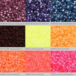 May include: A collection of seed beads in various colours, including purple, blue, yellow, orange, red, and brown. The beads are arranged in rows and labelled with their corresponding colour names and product codes.