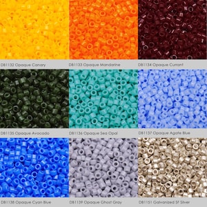 May include: A collection of 10 different colours of opaque round seed beads. The colours are canary yellow, mandarin orange, currant red, avocado green, sea opal blue, agate blue, cyan blue, ghost grey, and galvanised silver.