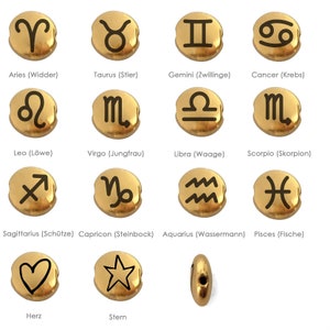 1,75 EUR/szt. Okrągły metalowy koralik grawerowany laserowo znak zodiaku serce gwiazda + zestaw (12 znaków zodiaku) 7,6 mm złota bransoletka makrama bransoletka przyjaźni