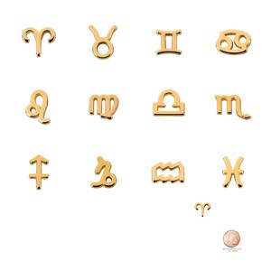 Könnte beinhalten: Goldene Zodiak-Symbole für jedes der 12 astrologischen Zeichen. Die Symbole sind in einem Raster auf weißem Hintergrund angeordnet. Eine kleine Münze ist zur Skalierung enthalten.