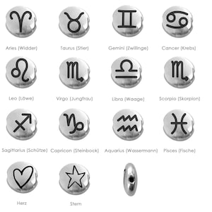 1,65 EUR/szt. Okrągły metalowy koralik grawerowany laserowo znak zodiaku serce gwiazda 7,6 mm + zestaw (12 znaków zodiaku) antyczna srebrna bransoletka przyjaźni makrama