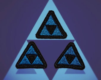Miniature Blue Triforce Shiny Metallic Embroidery Iron On patch. Legend of Zelda.