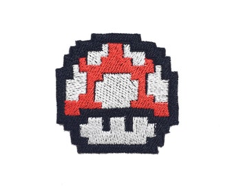 マリオキノコ - アイロン接着パッチ - 8 ビットの光沢のあるメタリック刺繍。スーパーマリオブラザーズにインスパイアされています。