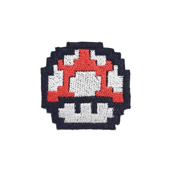 Mario mushroom - Iron on patch - 8 Bit Shiny Metallic Embroidery. Super Mario Bros Inspired.