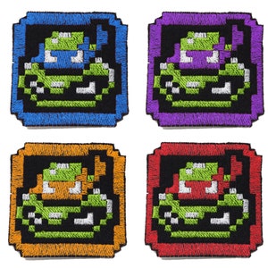 Turtles Extra life - 8 bit Iron on patch - Shiny Metallic Embroidered.   TMNT inspired.