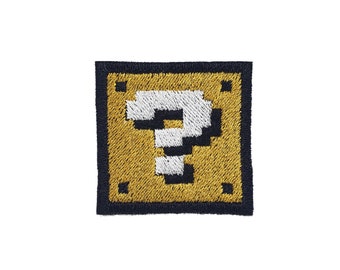 Bloque de signo de interrogación de Mario - Parche termoadhesivo - Pixel art bordado metálico brillante.