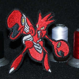 May include: Red embroidered patch depicting a cartoon monster with sharp teeth and claws. The monster is standing on its hind legs with its arms raised. The patch is surrounded by spools of thread in black, white and red.