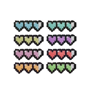 Mini Pixel hearts - Iron on patches -  Multiple color options available - Shiny Metallic Embroidered.  8 bit.