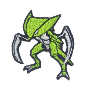 Pode incluir: Etiqueta bordada verde e branca de um personagem Pokemon. O personagem é uma criatura verde semelhante a um inseto com grandes garras afiadas e uma cabeça pontiaguda.