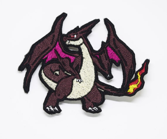 Shiny Mega Charizard Y - Iron on patch - Metallic Embroidered. Pokemon  patch.