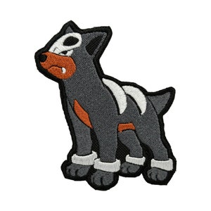 May include: Embroidered patch of a gray and white dog with orange accents. The dog has a skull-like pattern on its head and a fierce expression.