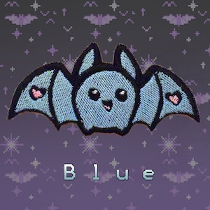 May include: Blue embroidered iron-on patch of a cartoon bat with pink hearts on its wings. The bat has a smiling face and is set against a purple background with white stars.