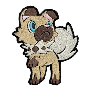 May include: Embroidered patch of a brown and white dog with blue eyes. The dog is standing on all fours and has a brown collar with white stars.