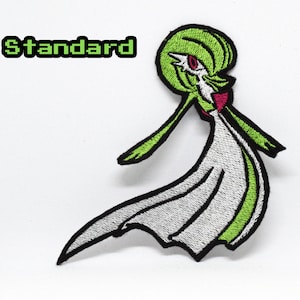 Puede incluir: Parche de hierro bordado verde y blanco con un personaje de dibujos animados con un vestido largo y fluido y la palabra "standard" en texto verde.