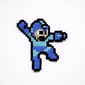 Megaman Jumping - Iron On patch -  Shiny Metallic Embroidery