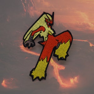 May include: Embroidered patch of a red and yellow Pokemon character with a fiery background. The character is standing with its arms raised and has a fierce expression.