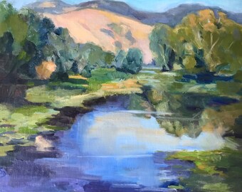 Pintura de humedales de California: Arte paisajístico del lago Clear
