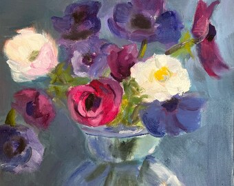 Flores (Anémonas) en jarrón de cristal, enmarcadas.