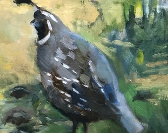 Pintura de codorniz: arte de aves, escena de jardín