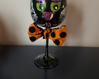 Halloween black cat wine glass