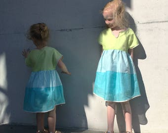 Girls Geo Dress in Aqua Colour Block