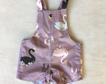 Baby Girls Pink Swan Cotton Overall Rompers