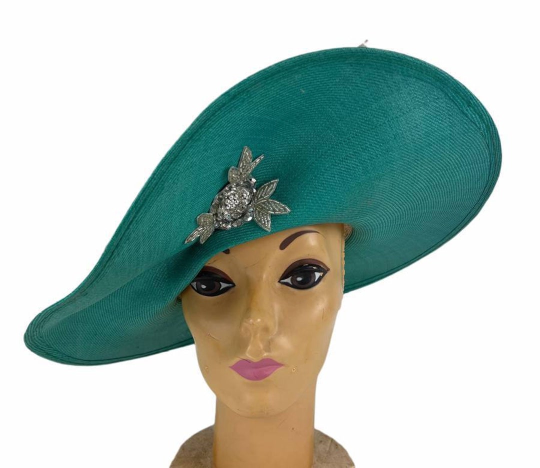 Vintage Jack Mcconnell Teal Straw Hat: Sequin Appliqué Wide  display picture 3