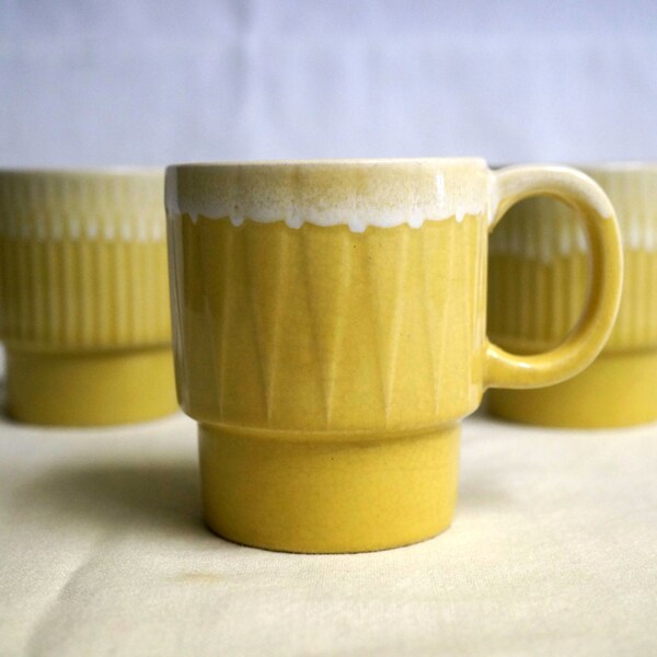 Vintage Coffee Mugs - Yellow Ceramic Stacking Mugs - Vintage Yellow Mugs - Gold Drip Ware Retro Mug - Canary Yellow Mugs