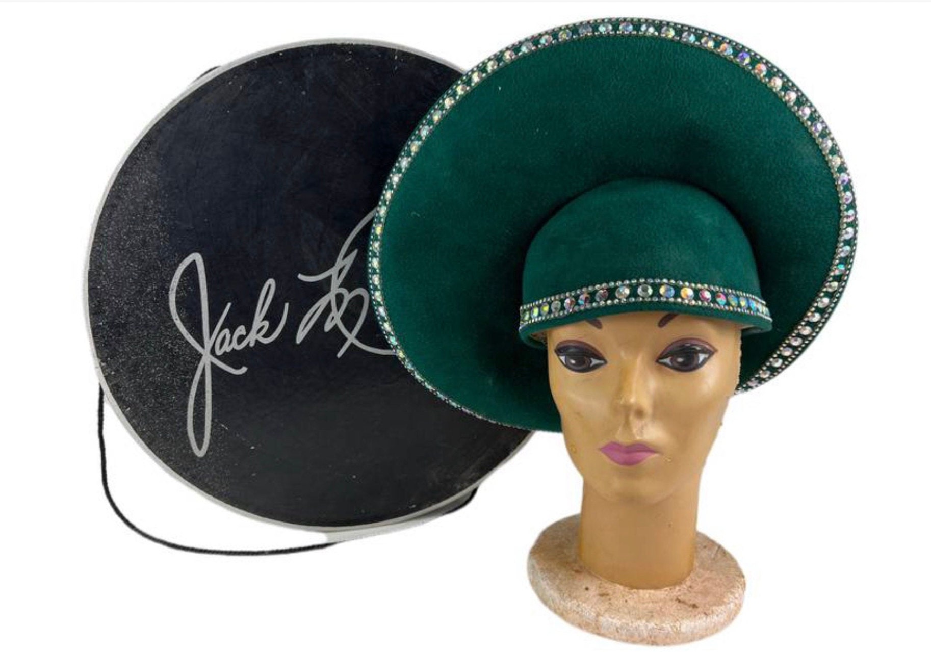 Vintage Jack Mcconnell Velour Hat: Emerald Green Rhinestone 