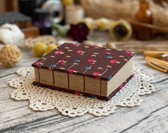 Handmade Coptic Stitch Journal: Mushroom Fabric Cover, Kraft Paper