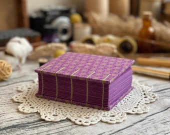 Purple and green Coptic hand bound journal, small A7 cottagecore cloth cover book, dream unlined notebook, blank writing cute mini journal