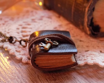 Вound book necklace, coffee brown leather vintage miniature journal pendant, tiny book charm jewelry, bronze key dark academia wearable book