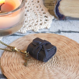 Miniature Leather Book Necklace: Grimoire Charm, Bronze Key, Witchy Jewelry