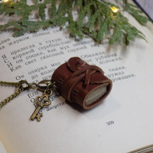 Leather Book Necklace: Miniature Handbound Journal with Key Charm