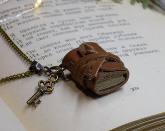 Mini book jewelry, vintage bookish leather journal, handbound book dark academia, book related library gift,mothers day gift, book necklace