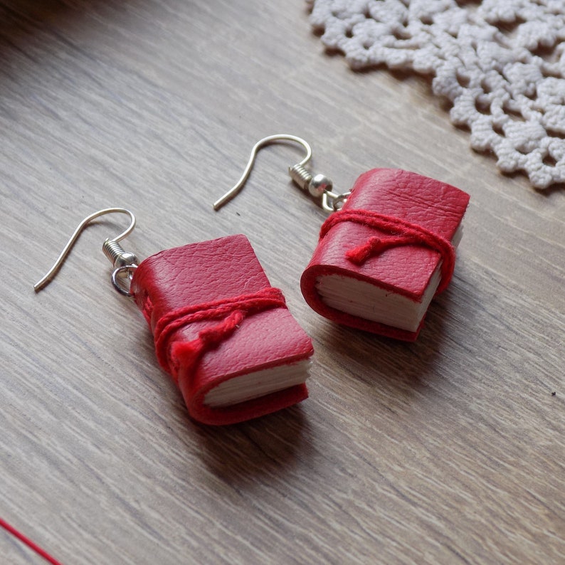 Miniature book charm jewelry Dark academia jewelry Book lovers teacher writer gift Cottagecore books Scarlet leather tiny book earrings