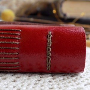 May include: Close-up of the spine of a red leather-bound journal with brown stitching. The stitching is done in a straight line on one side and a braided pattern on the other.