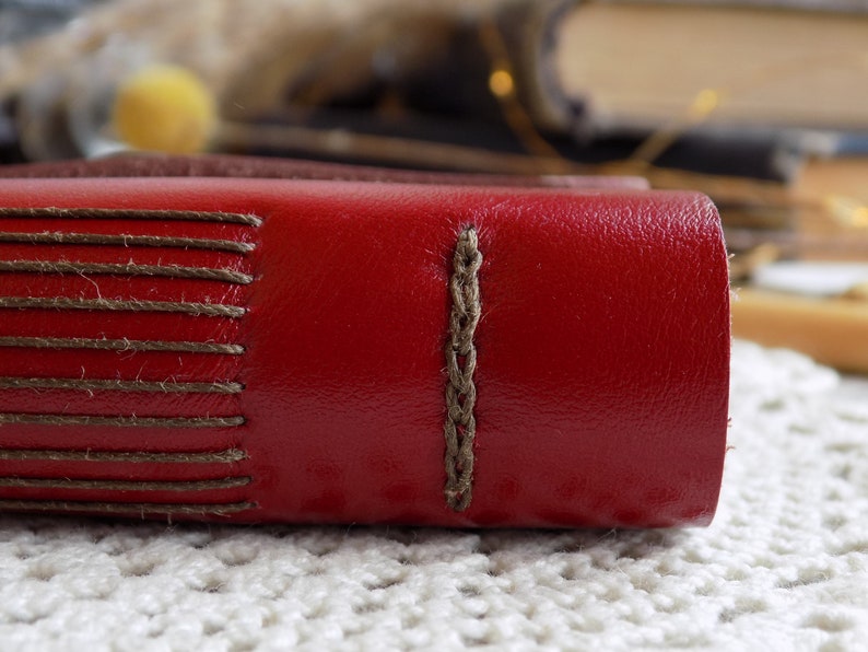 May include: Close-up of the spine of a red leather-bound journal with brown stitching. The stitching is done in a straight line on one side and a braided pattern on the other.