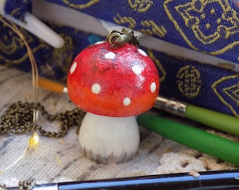 Fly agaric wooden necklace, small 1.2" cottagecore mushroom charm, forest pendant, hand-painted wood figurines, amanita vintage boho jewelry